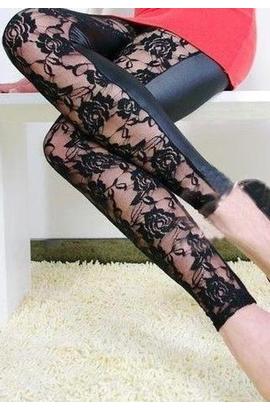Legging noir sexy transparent avec motif rose tentant
