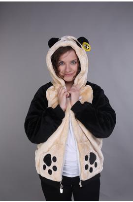 Veste de style panda à capuche beige avec queue et imprimé des pattes