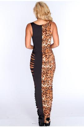 Robe longue maxi sans manches sexy contrastée à imprimé léopard pour femmes