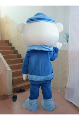 Costume de mascotte d’un capitaine ours bleu et blanc  de dessin animé