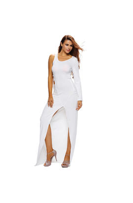 Maxi robe blanche à longue manche asymétrique et découpes en jersey