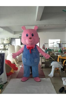 Costume mascotte d’ours à salopette bleu et rose