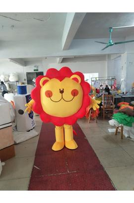 Costume de mascotte d'un lion jaune et rouge