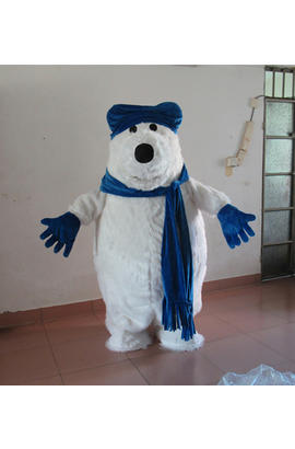 Costume mascotte d’ours blanc et bleu en fausse fourrure