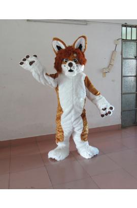 Costume mascotte de husky brun blanc