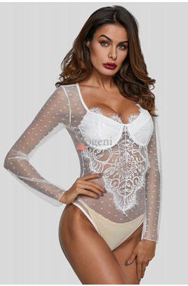 Sous-vêtement en maille et dentelle transparente de type body sexy blanc à manches longues