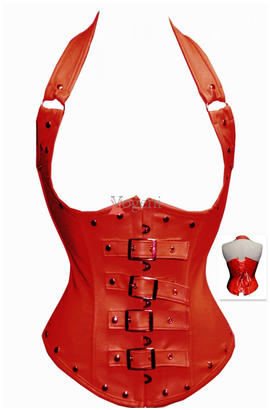 Corset serre-taille sexy en cuir rouge avec bretelles de style burlesque