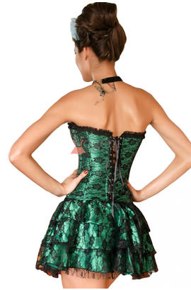 Corset  pour fête costumée, de couleur verte et noir, style gothique avec  une jupe évasée 