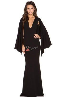 Robe noire sexy en satin unicolore en col v avec cape