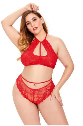 Ensemble de lingerie érotique taille plus rouge, deux pièces sexy en dentelle