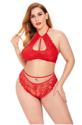 Ensemble de lingerie érotique taille plus rouge, deux pièces sexy en dentelle