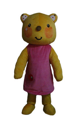 Costume mascotte d’ours féminin avec robe fuchsia