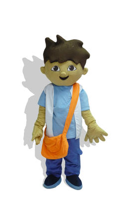 Costume de mascotte du dessin animé go diego représentant diego avec son sac en bandoulières