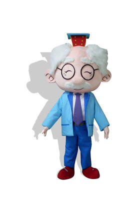 Costume de mascotte de professeur fou aux cheveux gris avec un costume bleu clair
